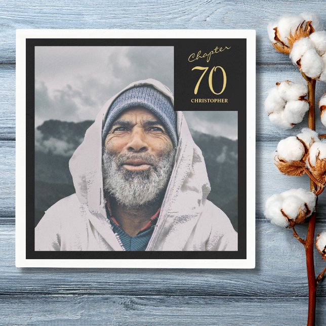70th Birthday Black Gold Chapter 70 Photo Napkin (70th birthday paper napkin in black and gold with photo on wood plank background)
