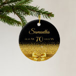 70th birthday black gold elegant bow name ceramic tree decoration<br><div class="desc">Elegant,  classic,  glamourous and feminine.  A faux gold coloured bow.  Black background. Templates for her name,  age,  date of birth and anniversary date,  both on front and back. Golden letters.</div>