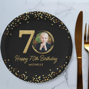 70th Birthday Black Gold Glitter Custom Photo Paper Plate