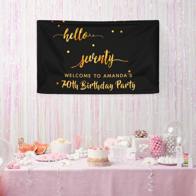 70th birthday black gold hello 70 name script banner (Party)