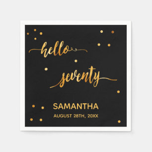 70th birthday black gold hello 70 name script napkin
