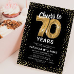 70th Birthday Black Gold Invitation<br><div class="desc">Elegant seventieth birthday party invitation featuring a stylish black background that can be changed to any colour,  gold sparkly glitter,  seventy gold hellium balloons,  and a modern 70th birthday celebration text template that is easy to personalise.</div>