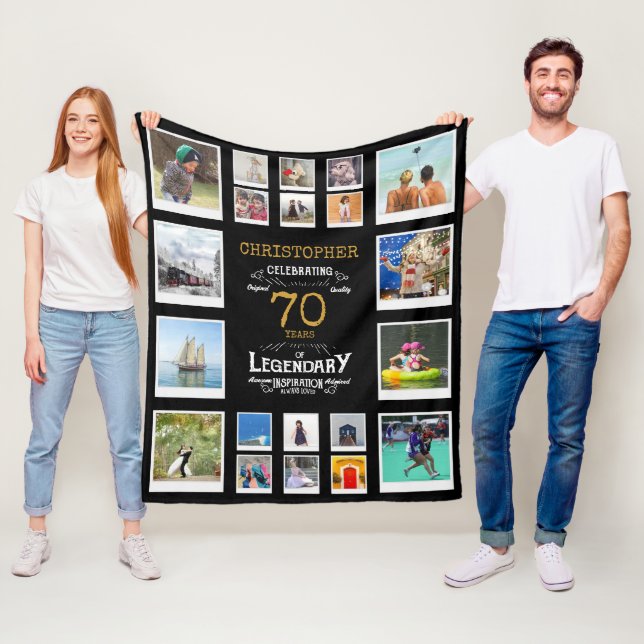 70th Birthday Black Gold Legendary 20 Photo Fleece Blanket (In Situ)