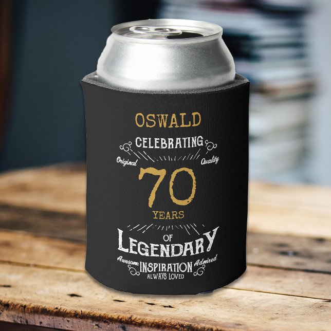 70th Birthday Black Gold  Legendary Funny Can Cooler (A personalized elegant 70th birthday can cooler that is easy to customize)