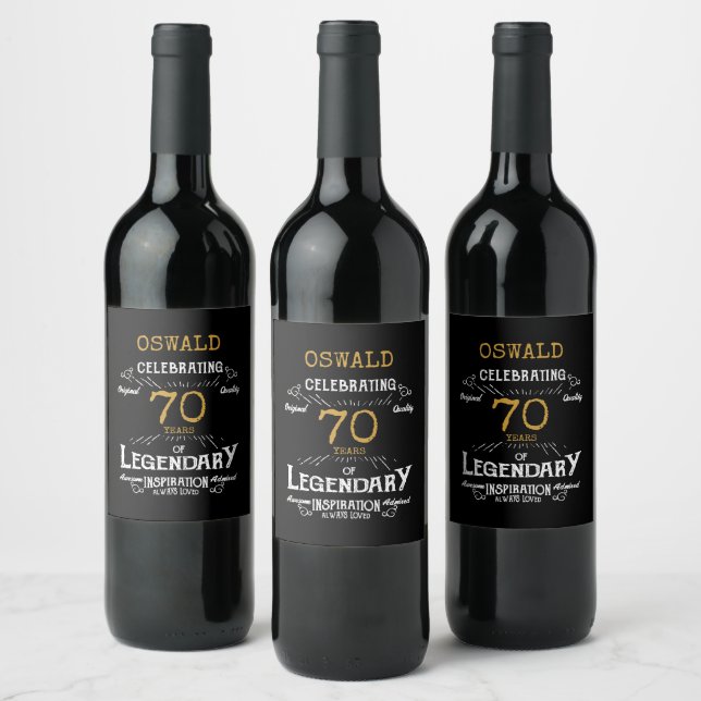 70th Birthday Black Gold Legendary Funny Wine Labe Wine Label (Bottles)