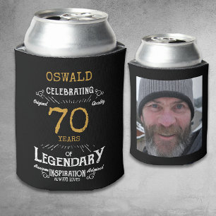 70th Birthday Black Gold Legendary Photo Can Cooler