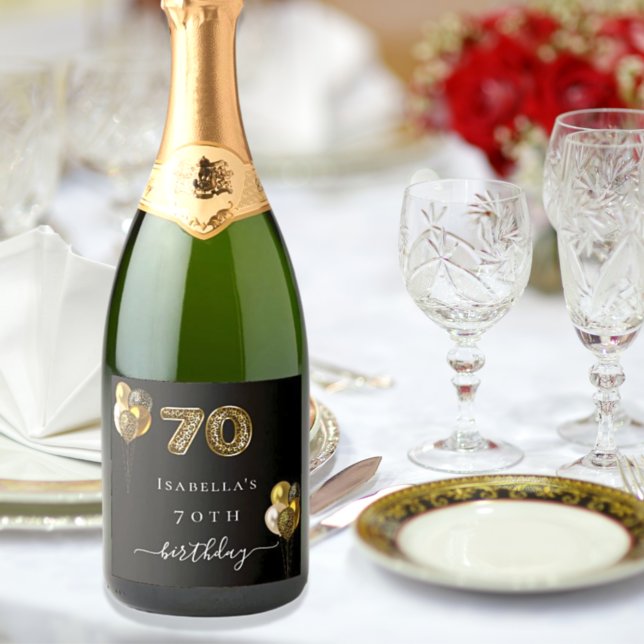 70th birthday black gold leopard print balloons sparkling wine label (Creator Uploaded)