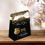 70th birthday black gold leopard thank you favour box<br><div class="desc">A black background,  decorated with balloons and confetti. Number 70 is written with a trendy balloon style font,  leopard pattern.  Personalise and add a name and a date. 70th birthday and Thank You written with a modern hand lettered style script.</div>