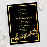 70th birthday black gold music notes invitation postcard<br><div class="desc">A trendy, modern 70th birthday party invitation card for both men and women. A classic black background, with faux gold frame and music notes, golden coloured letters. Templates for your party information. Back: white background. Tip: If you don't want it to look like a postcard, click customise, go to the...</div>