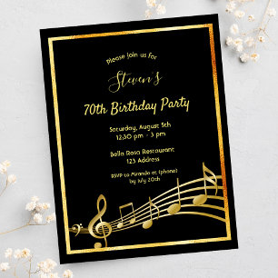 70th birthday black gold music notes invitation postcard