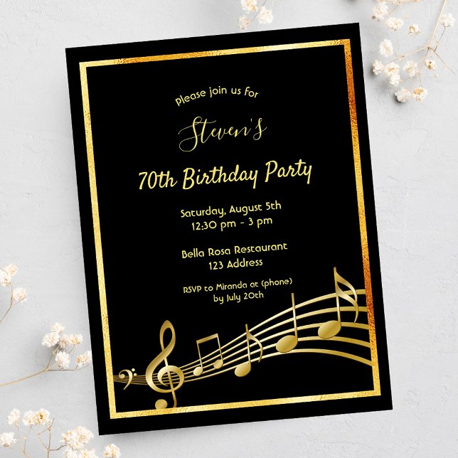 70th birthday black gold music notes invitation postcard (Creator Uploaded)