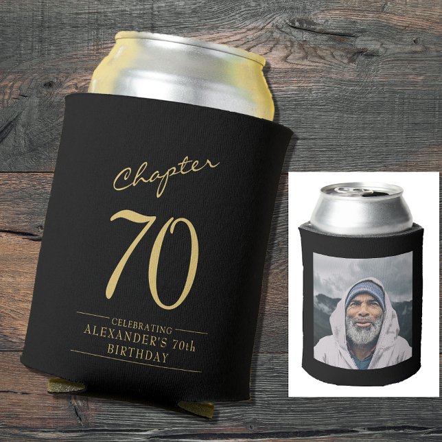 70th Birthday Black Gold Photo Can Cooler (70th birthday black and gold personalized can cooler with elegant script and photo template.)