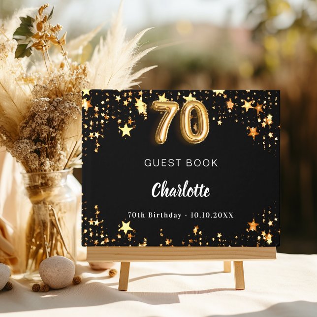 70th Birthday black gold stars Guest Book (Creator Uploaded)