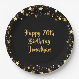 70th Birthday Black Gold Stars Name Paper Plate