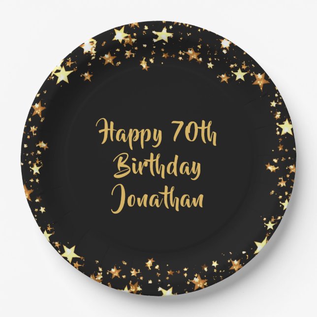 70th Birthday Black Gold Stars Name Paper Plate (Front)