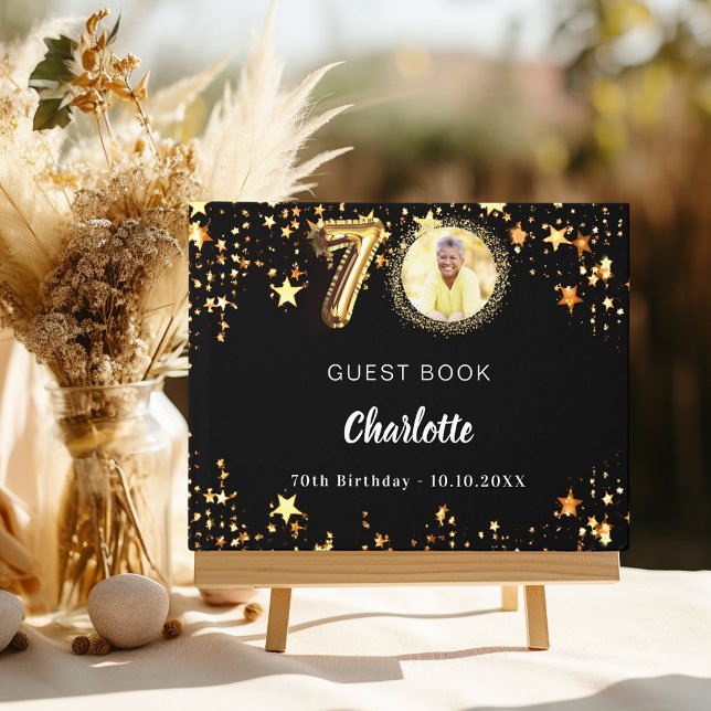 70th Birthday black gold stars photo Guest Book (Creator Uploaded)