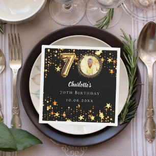 70th birthday black gold stars photo napkin