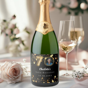 70th birthday black gold stars photo sparkling wine label