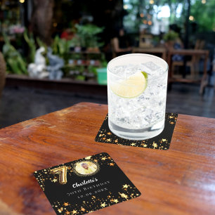 70th birthday black gold stars photo square paper coaster