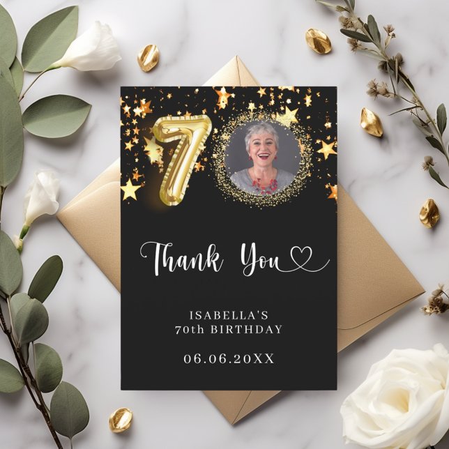 70th birthday black gold stars photo thank you card (Creator Uploaded)