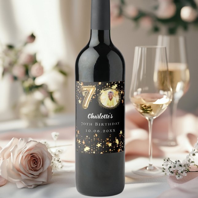 70th birthday black gold stars photo wine label (Creator Uploaded)