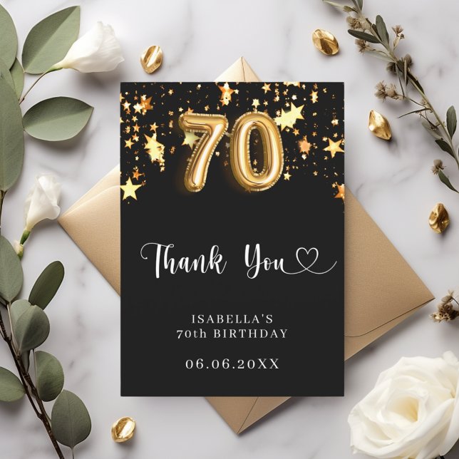 70th birthday black gold stars thank you card (Creator Uploaded)
