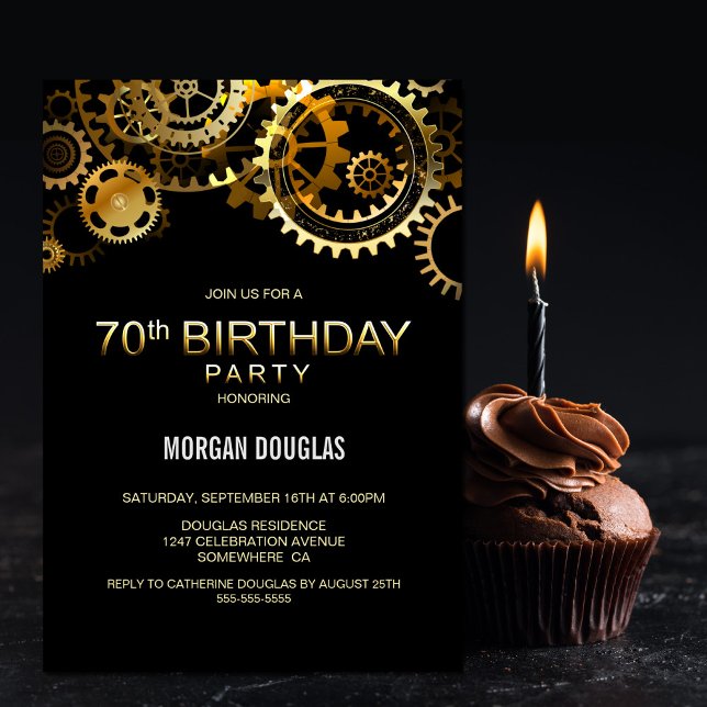 70th Birthday Black Gold Steampunk Watch Gears Invitation (Creator Uploaded)