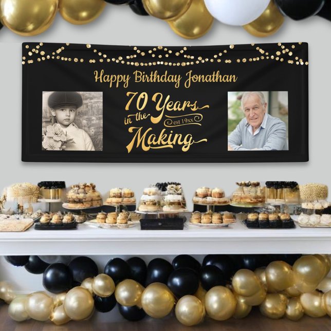 70th Birthday Black Gold String Lights Photos Banner (Creator Uploaded)