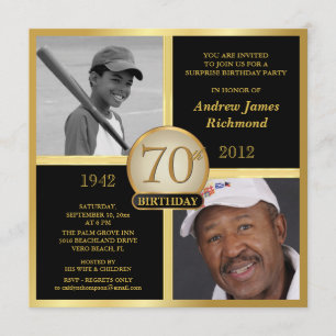 70th Birthday Black & Gold Then-Now 2-Photos Invitation