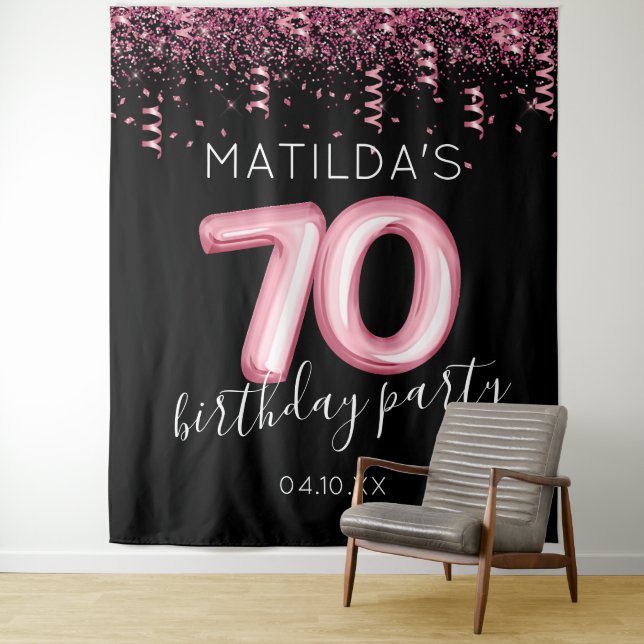 70th Birthday Black Pink Photo Backdrop Tapestry (In Situ)