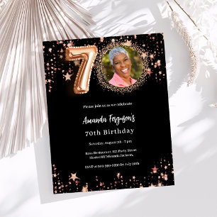 70th Birthday black rose gold photo invitation