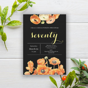 70th Birthday Black Script Orange Floral Party Invitation