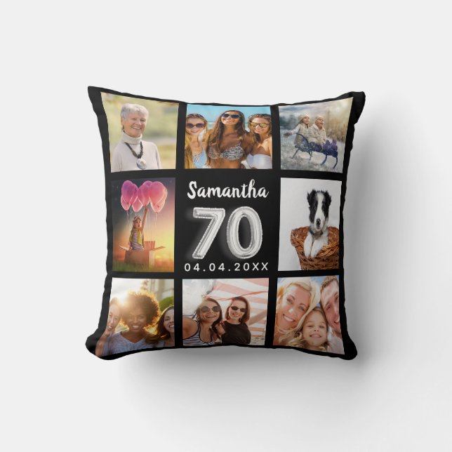 70th birthday black silver photo collage cushion (Front)