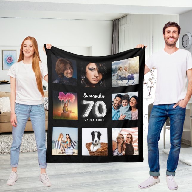 70th birthday black silver photo collage name fleece blanket (Creator Uploaded)