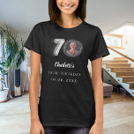 70th birthday black silver photo T-Shirt<br><div class="desc">For a black,  dark coloured t-shirt. Black text. Personalise and add a photo,  name,  age,  date. Faux silver looking 7-number.</div>