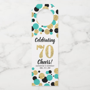 70th Birthday Black Teal Gold Glitter Confetti Bottle Tag