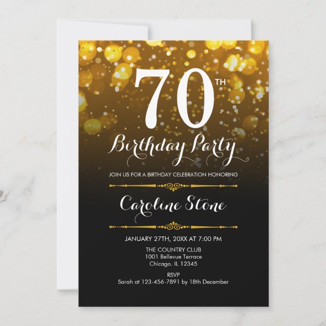 70th Birthday - Black White Gold Invitation (Front)