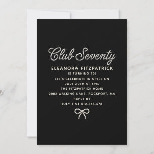 70th Birthday Black White Pearl Script Bow Invitation