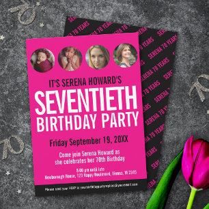 70th Birthday black white pink photo circles Invitation
