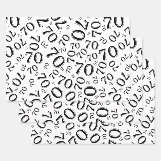 70th Birthday Black/White Random Number Pattern 70 Wrapping Paper Sheet (Set)