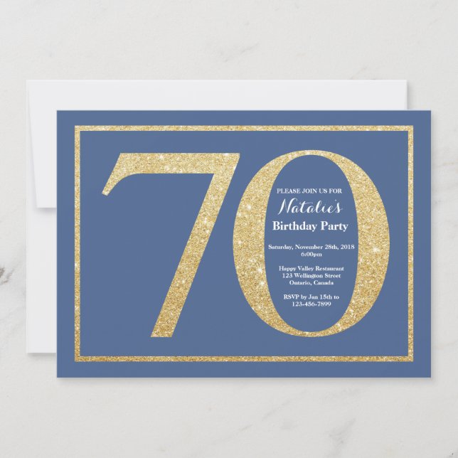 70th Birthday Blue and Gold Glitter Invitation (Front)