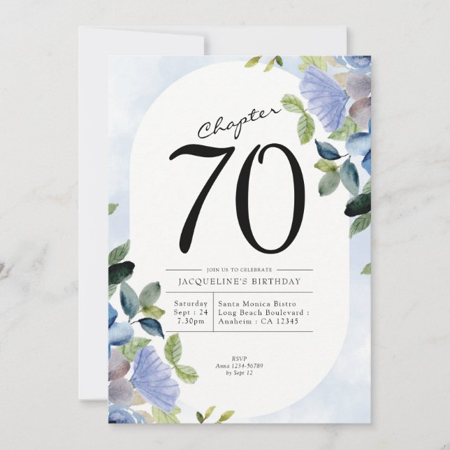 70th Birthday Blue Floral Invitation (Front)