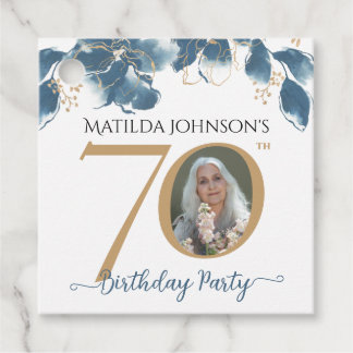 70th Birthday Blue Gold Modern Floral Custom Photo Favour Tags
