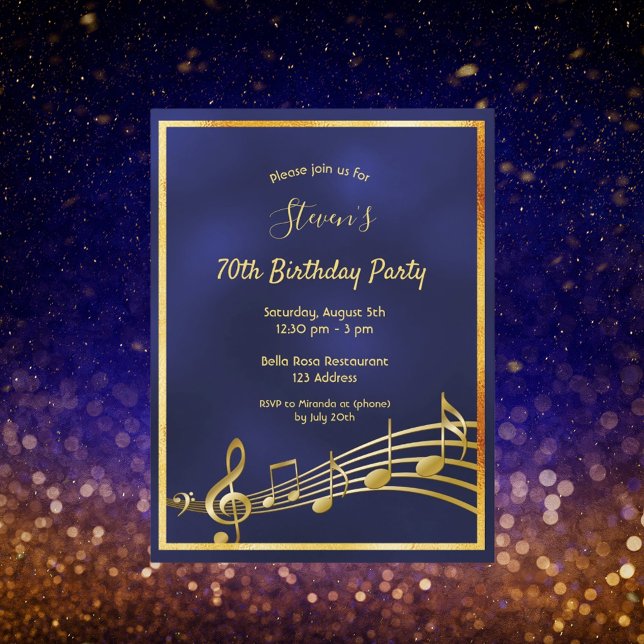 70th birthday blue gold music notes invitation postcard (Creator Uploaded)