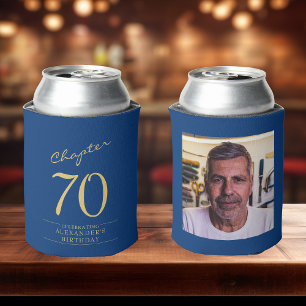 70th Birthday Blue Gold Photo Template Can Cooler