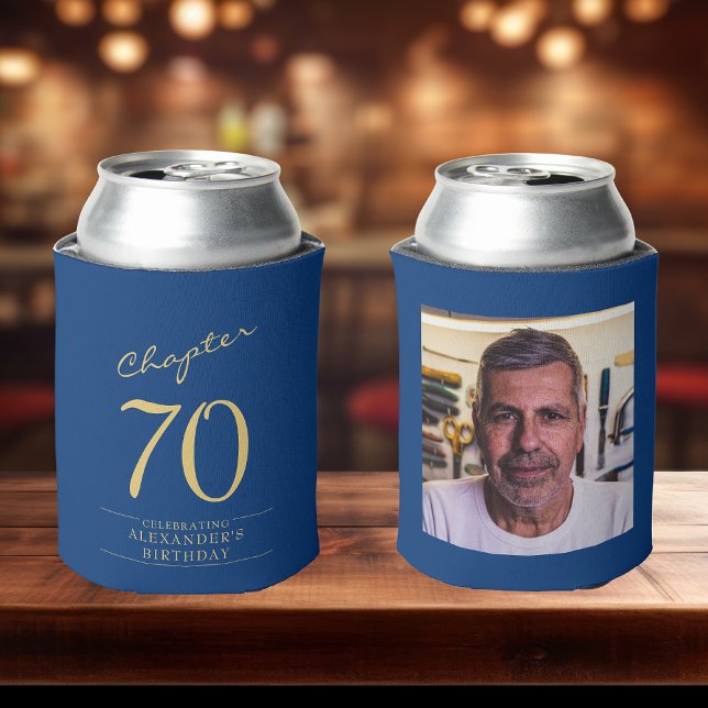 70th Birthday Blue Gold Photo Template Can Cooler (70th birthday custom can coolers in blue and gold with name on front, photo on rear sat on bar top.)