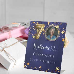 70th Birthday blue gold stars photo welcome Pedestal Sign