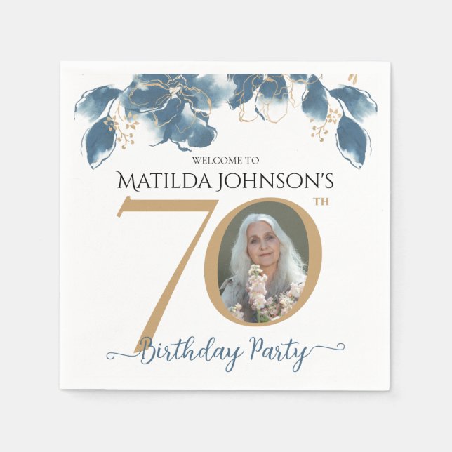 70th Birthday Blue Gold Watercolor Floral Photo Napkin (Front)