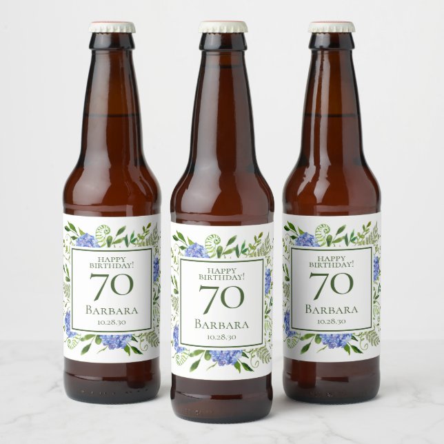 70th Birthday Blue Hydrangeas Beer Bottle Label (Bottles)