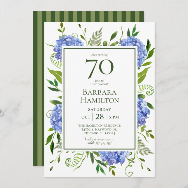 70th Birthday Blue Hydrangeas Invitation (Front/Back)